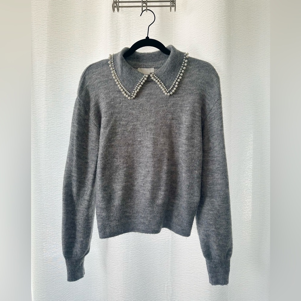 H&M Grey Crewneck Sweater with Pearl-Trim Collar
